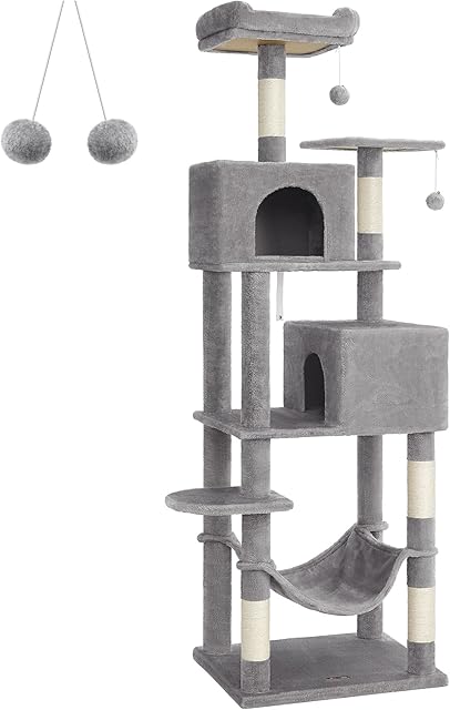 FEANDREA Cat Tree, 191 cm Tall Cat Tower, Scratching Posts, Soft, Light Grey PCT191W01