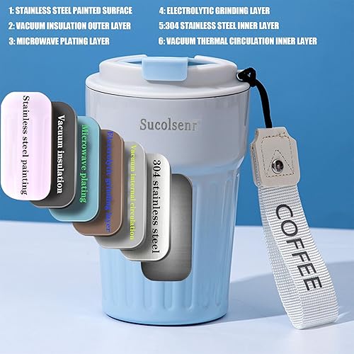 Miniatura 4 de Sucolsenr Vaso de café aislado sellado a prueba de fugas aislado al vacío botella de acero inoxidable 304 viaje, llevar agua caliente y fría 14oz