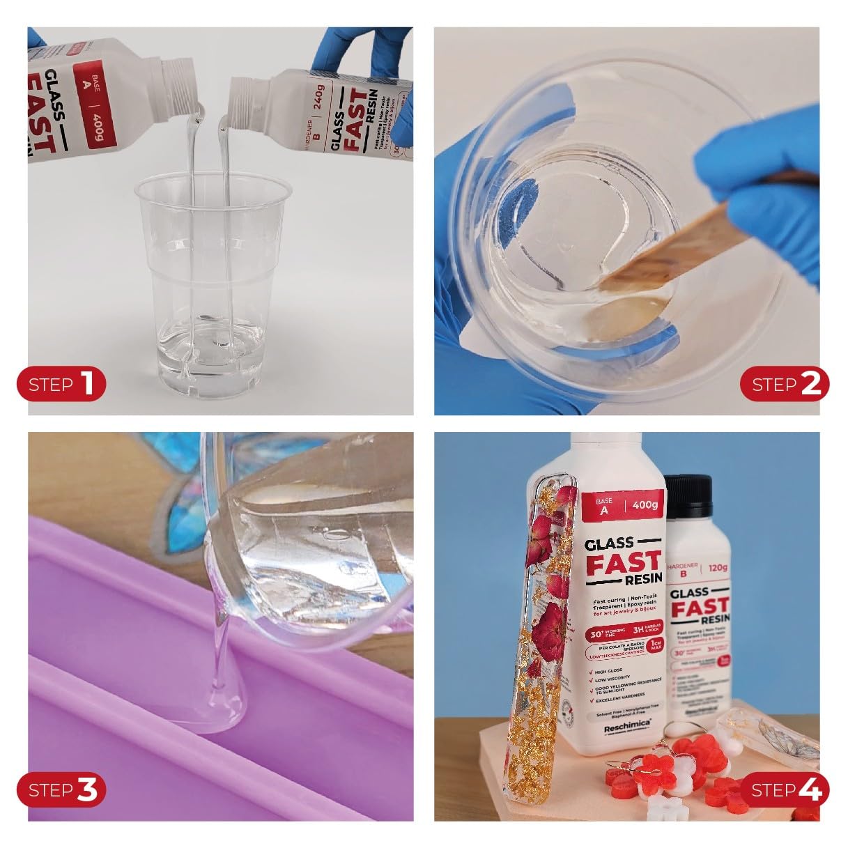 Resina trasparente rapida, effetto vetro - Ideale per gioielli, finiture e decorazioni fai-da-te, DIY. Resina liquida colorabile e facile da usare - Glass Fast Resin (520 gr)