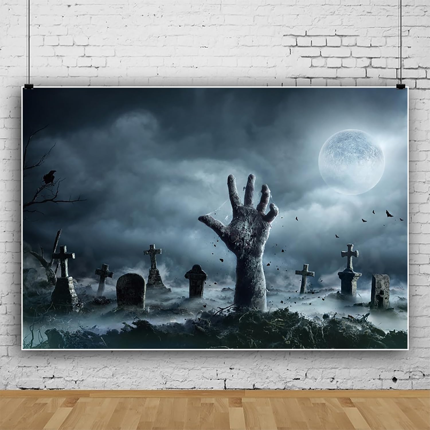 Renaiss 7x5ft Zombie Hand Halloween Backdrop Full Moon Cloudy Sky Graveyard Undead Photography Background Horror Party Decors Gray Cold Gloomy Night Photo Studio Props for Kids Man Woman Portrait