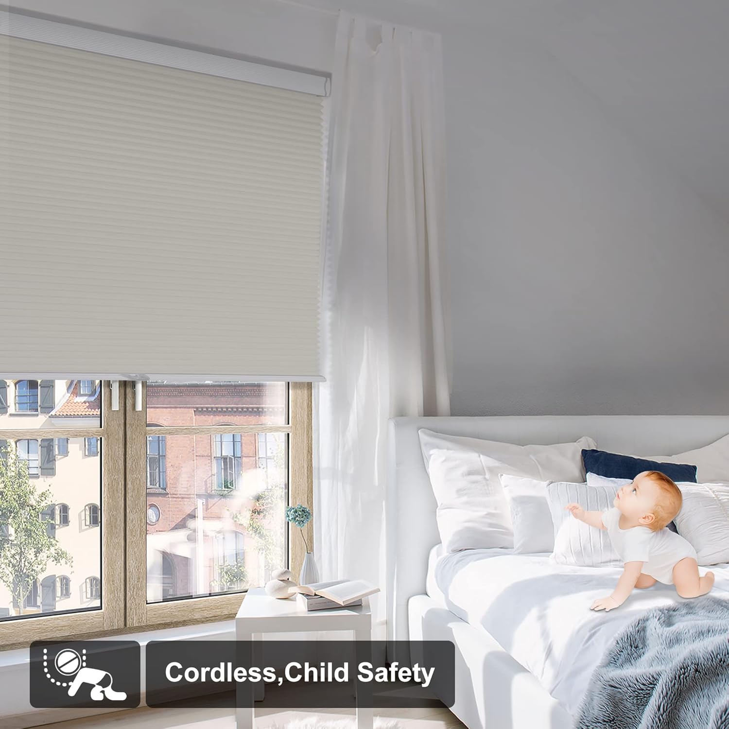 Cordless Cellular Shades Blackout Honeycomb Blinds for Windows Pull Down Room Darkening Cellular Blinds Thermal Insulated Windows Shades for Home Bedroom Office Door,Beige,38.5" W x 39" H