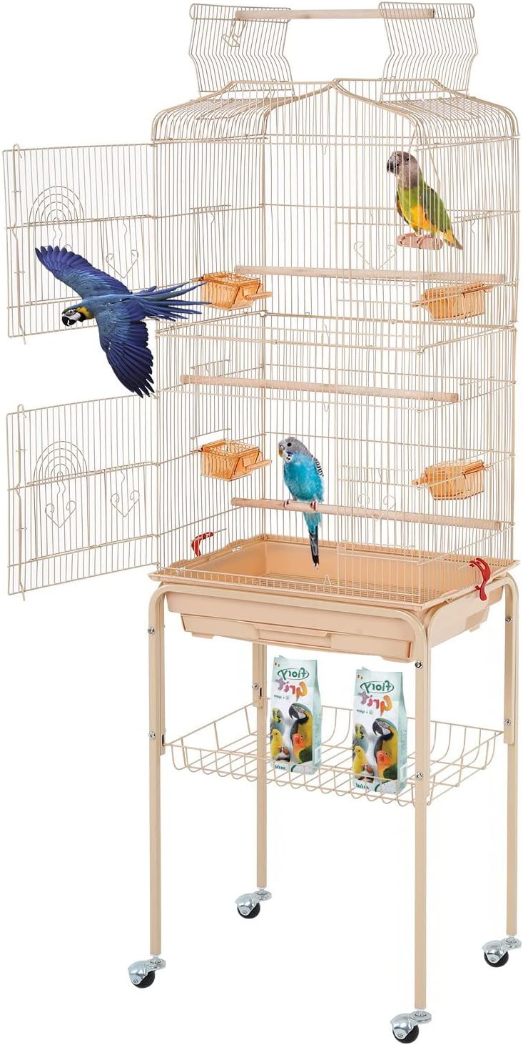 BestPet 64 inch Wrought Iron Bird Cage for Parakeets Medium Small Parrots Parakeet Cage with Detachable Rolling Stand & Play Open Top for Cockatiels Lovebird Finches Canaries (Black)