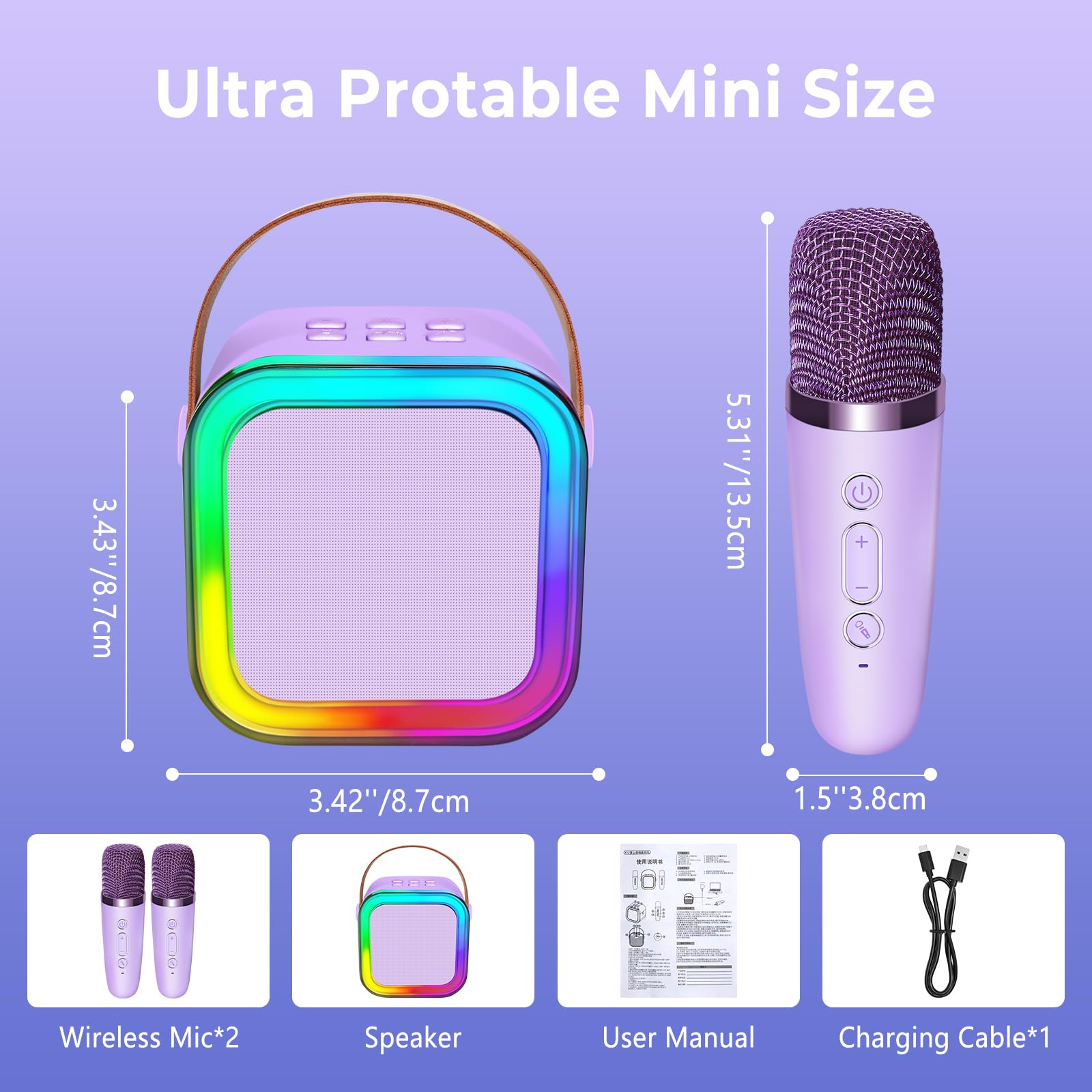 Mini Karaoke Machine for Kids Adults, UZSOMX Portable Bluetooth Speakers and 2 Wireless Microphones Song Toys with LED Light, Chritmas Birthday Toys Gifts for Girls Boys Toddler Teens (Purple 2 Mic) 1