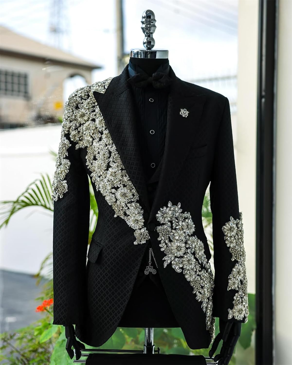 Men's Beads Suit 2 Piece Slim Fit Luxury Sequins Floral Tuxedo Prom Suits for Wedding Party Prom Peaked Lapel