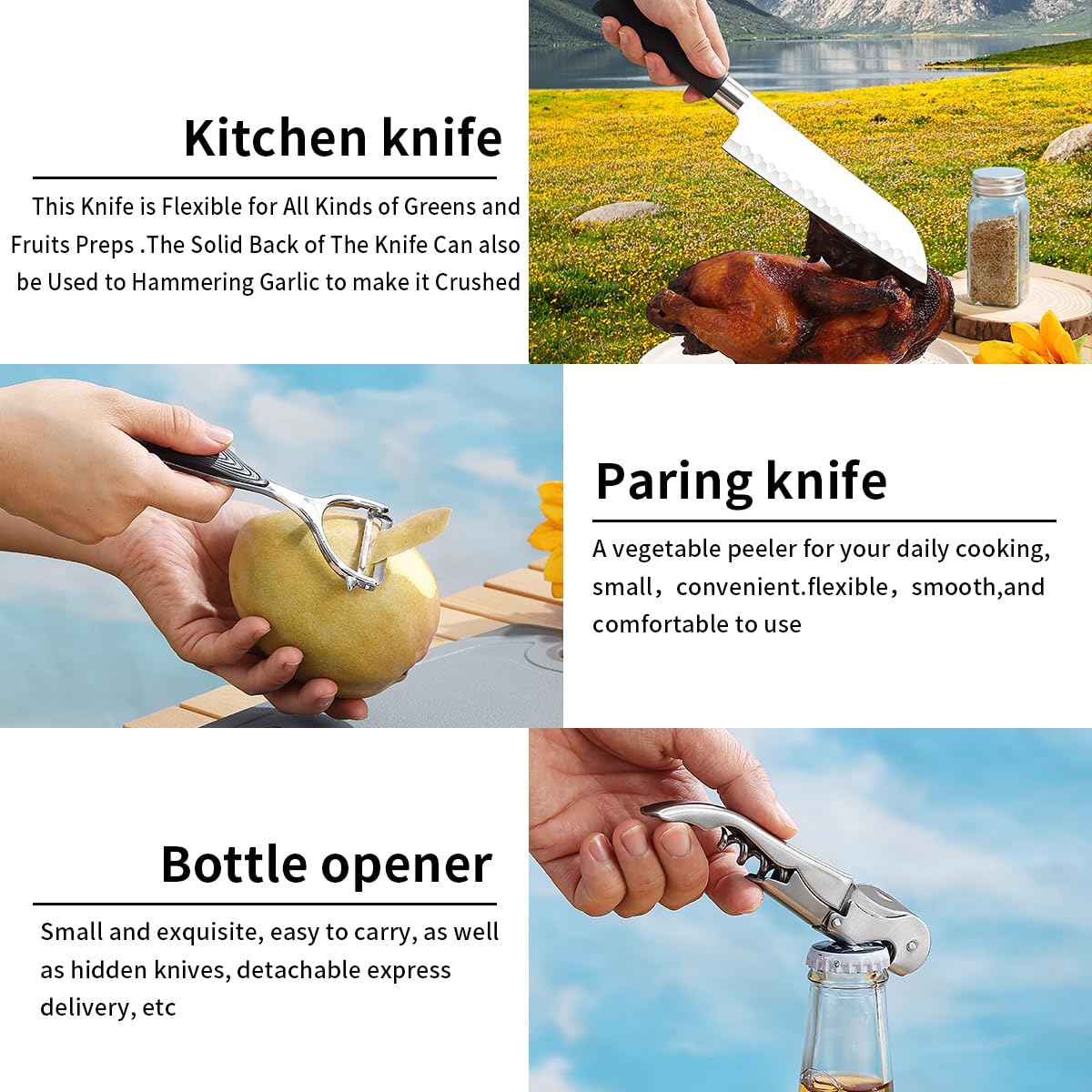 Evanda Essentiels de Camping 10 pièces en Acier Inoxydable, pour la Cuisine extérieure et Les grillades, Parfait pour Le Voyage, Le Camping, Les véhicules récréatifs, Les barbecues
