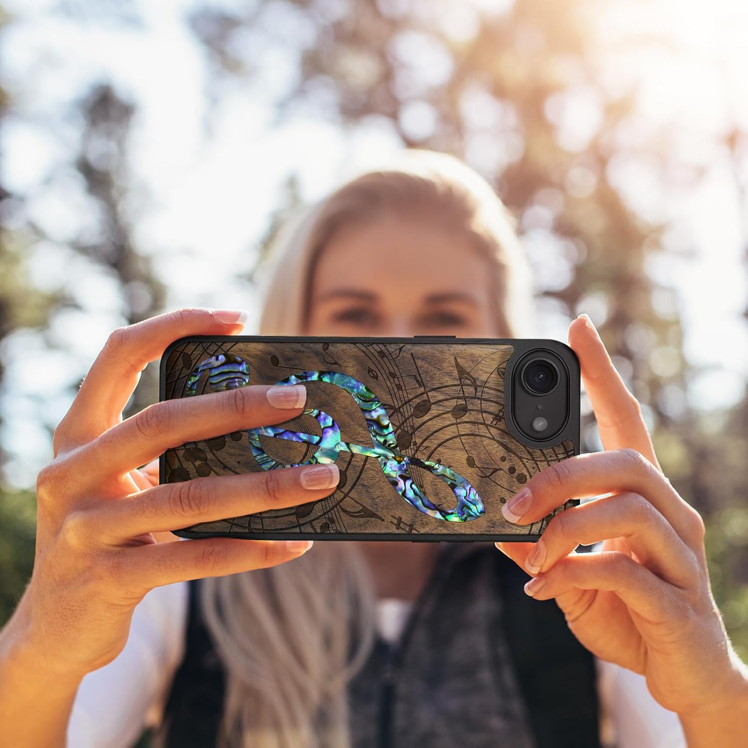 Carveit Magnetic Wooden Case for iPhone 16e / 17e, Wood Artisan Engraved & Handmade Shell Inlaid, TPU Shockproof Cover, Compatible with MagSafe Wireless Chargers, Musical Note - Walnut