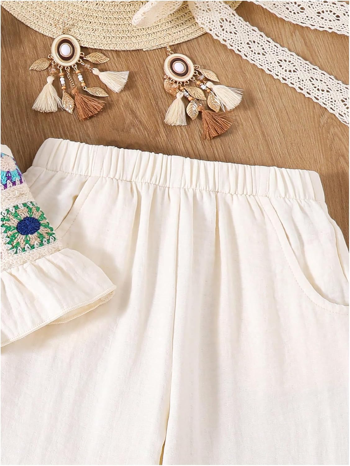 WDIRARA Girl's 2 Piece Outfits Boho Floral Crochet Ruffled Sleeveless Cami Top and Wide Leg Pants - Image 5