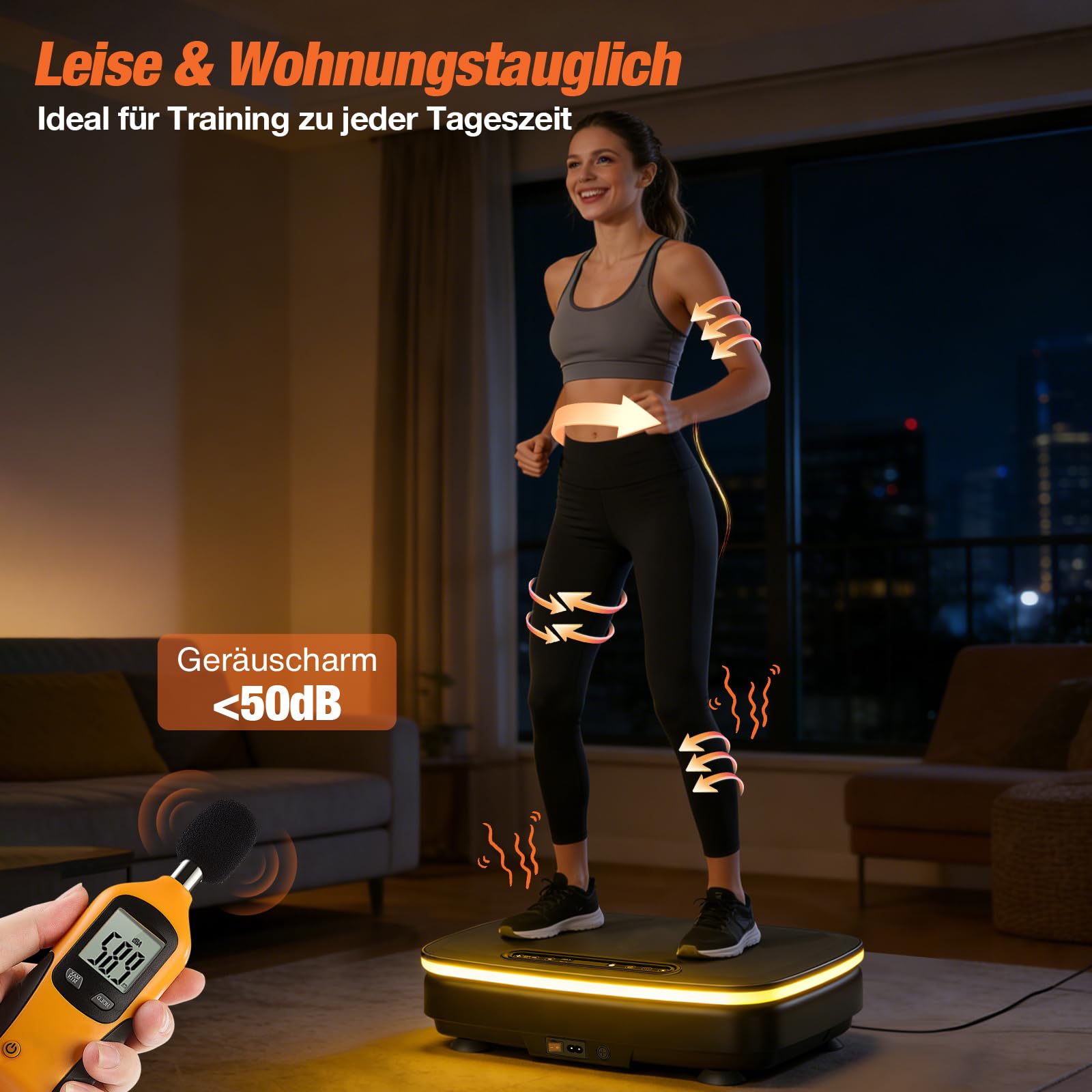 DH FitLife Vibrationsplatte für Zuhause | Rüttelplatte 0–99 Stufen mit Timer | 9 Auto-Programme | leise Schwingplatte mit Saugnäpfen | Stimmungslicht & Bluetooth Sprecher | inkl. Zugbänder | 150kg