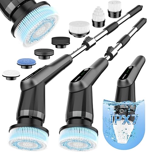 G2-Pro - Cepillo limpiador eléctrico giratorio IPX7 impermeable 12 en 1, mango retráctil y 2 velocidades para baño, bañera, cocina, suelos de