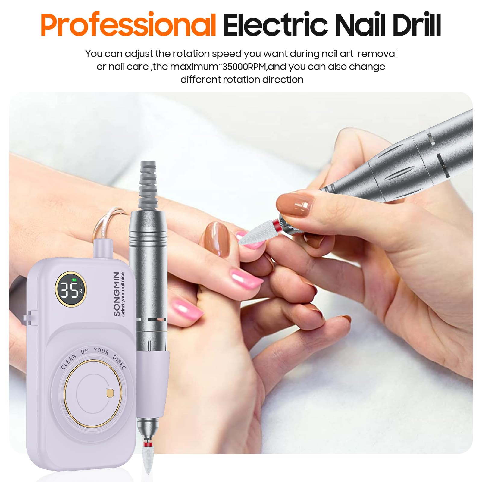 SONGMIN Professioneller Nagelbohrer, 35000 U/min, tragbar, schnurlos, mit Bit-Set für Acrylnägel, Gel-Polieren, Entfernen, wiederaufladbare elektrische Nagelfeile für Maniküre, Pediküre, Salon