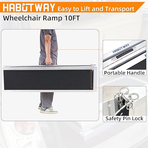 Miniatura 8 de HABUTWAY Rampa para silla de ruedas de 10 pies, rampa portátil para silla de ruedas con patas de apoyo, rampas dobles antideslizantes con capacidad