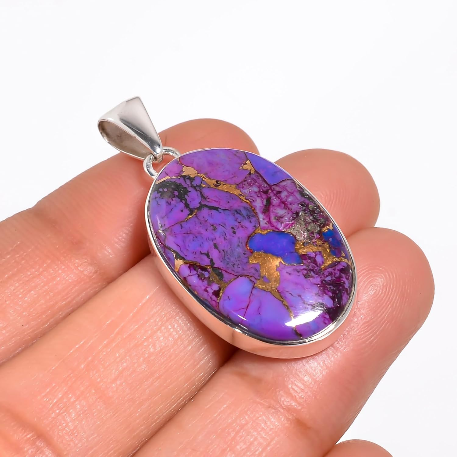 NANDARANI Purple Copper Turquoise Pendant for Women – 925 Sterling Silver Handmade Jewelry, Boho Gemstone Necklace, Unique Gift- Oval Shape - Image 5