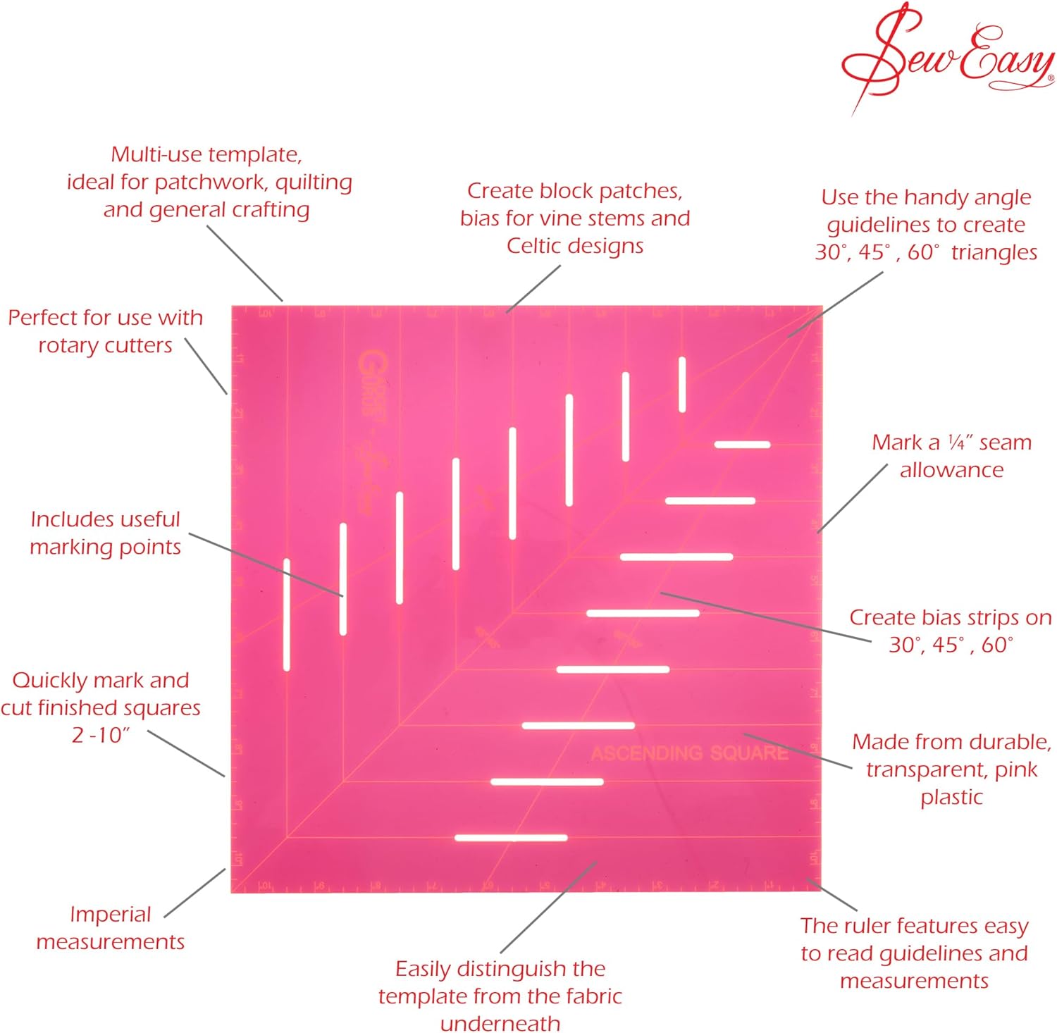 Sew Easy ERGG10.PNK | Pink Ascesending Square Template | 25cm (10in)
