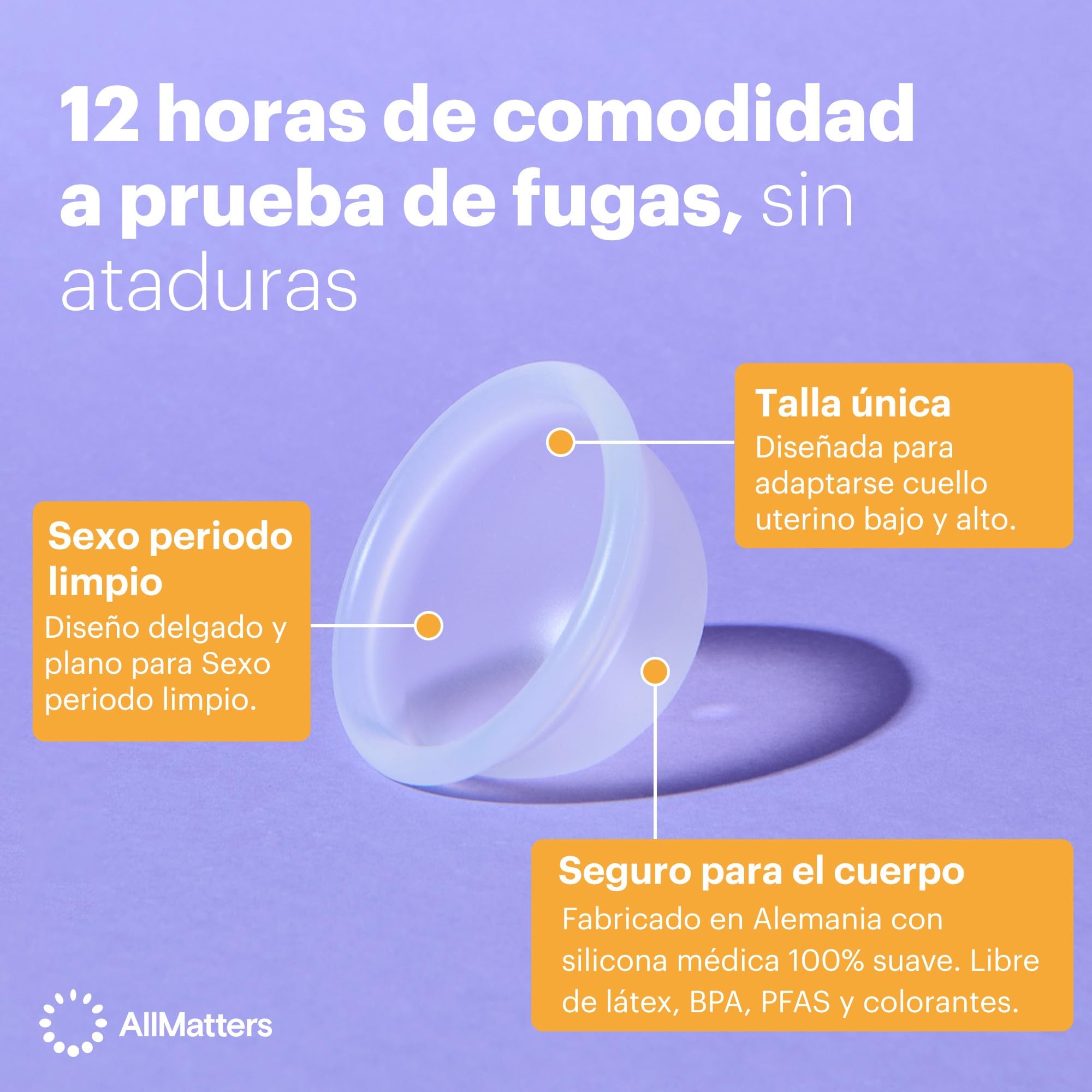 AllMatters (anteriormente Organicup) Disco Menstrual. Una alternativa reutilizable y cómoda a los productos desechables. Capacidad equivalente a 6 tampones. 100% silicona suave de grado médico.
