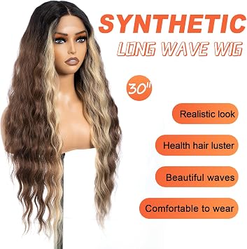Style Icon Long Wave Lace Front Wigs 30 inches Water Wave Super Long Curly Synthetic Wigs with Baby Hair 6 inches T Part Lace Synthetic Wig (Brown)