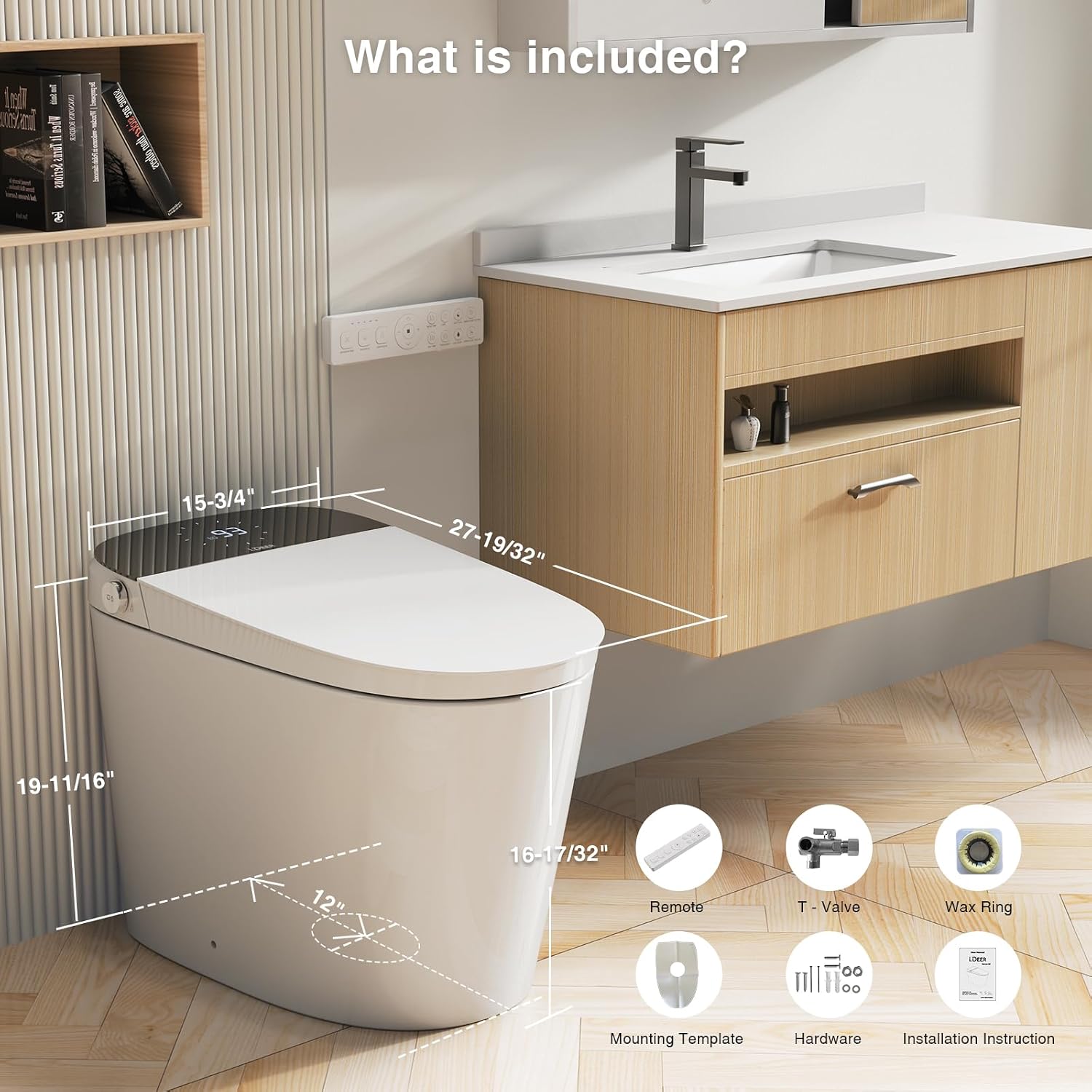 Elongated Smart Toilet with Auto-Open Lid & Heated Seat - ADA Comfort Height, Dual Flush, Instant Warm Water Bidet with Air Dryer, Night Light, Remote Control, Luxury Design for Modern Bathroom