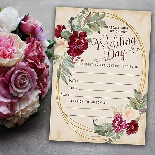 Miniatura 7 de Spring & Summer Wedding Invitations with Envelopes - Burgundy Wedding Invitations - Invitation Wedding Kit - Set of 25 Beautiful Reception