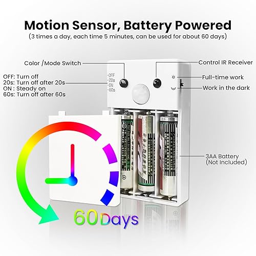 Miniatura 5 de Tira de luces LED con sensor de movimiento de 3.3 pies con control remoto4 modos, RGB y blanco cálido, tira de luces LED activadas por movimiento,