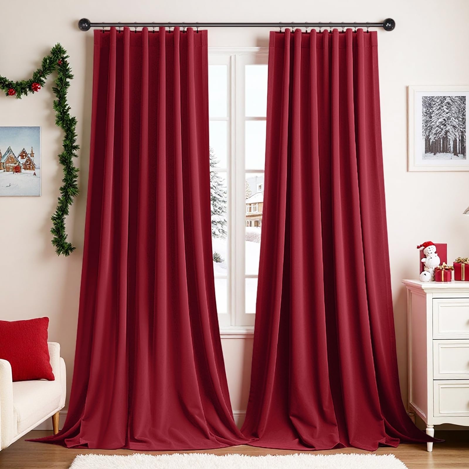 Tende a pannello in velluto 2 pezzi, altezza 274 x larghezza 134 cm, rosso natalizio