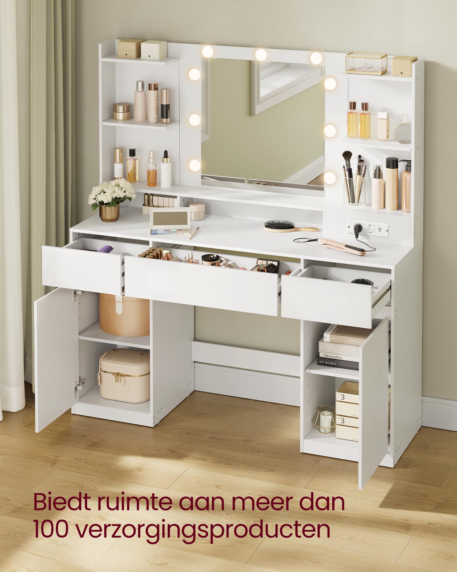 VASAGLE KAILYN Collectie - Kaptafel met LED-verlichting, 3 lichtkleuren, stekkerdoos, make-uptafel met lades, 90 cm breed, sieradenopbergruimte, wolkenwit RDT134WB01