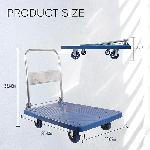 Miniatura 2 de Carrito de cama plana, plataforma de alta capacidad de 660 libras, ruedas giratorias de 360 grados, carrito de mano plegable para carga y