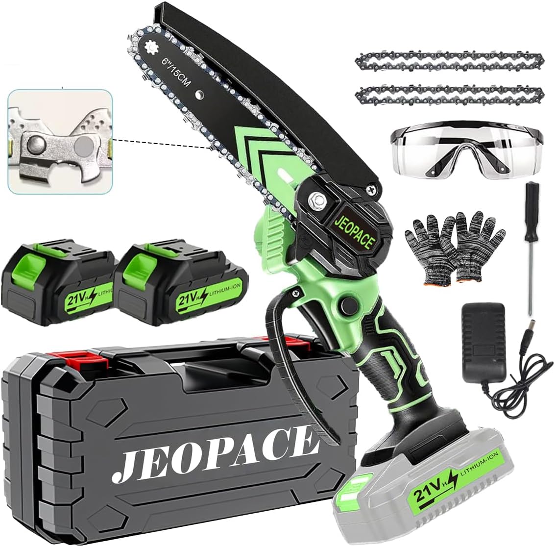 Cordless Mini Chainsaw, Black Green, 6-Inch Bar with 21V Battery, High-Power Copper Motor, Safety Kit, 2 Batteries, Protective Gear, for Garden (工具箱*电池*2链条*2-蓝色链锯)