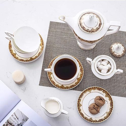 Miniatura 8 de Porlien - Juego exquisito de 4 de tazas de técafé y platos dorados con bordes rojos. De porcelana, para la hora del té o fiestas de té. Empaque de