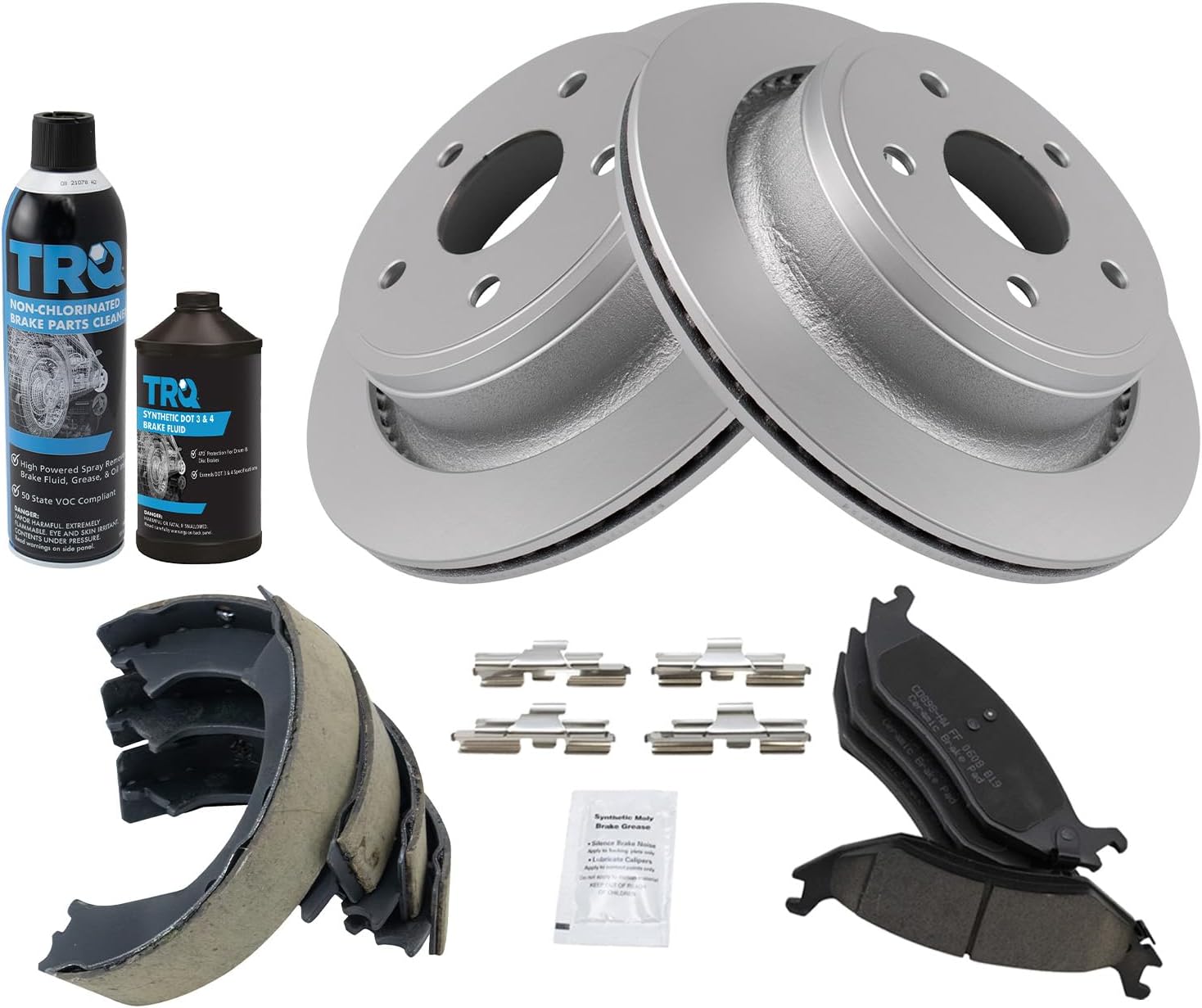 TRQ Rear Brake Pad & Rotor Kit Brake Chemical Kit Brake Pads Brake Rotor Parking Brake Shoe Set Ceramic Premium G-Coated Compatible with 2003-2004 Dodge Ram 1500