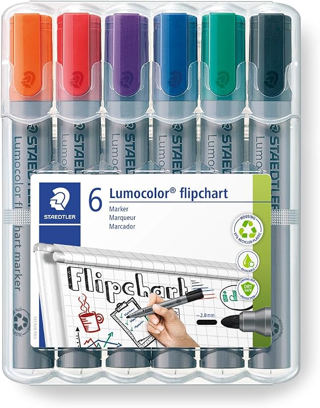STAEDTLER Lumocolor Flipchart Marker: 6 Pack, Assorted Colors, Bullet Tip 2.0mm - Ideal for Paper, Poster Board & Cardboard - No Bleed, Water-based & Low-Odor Ink - Supplies for Home, School & Office
