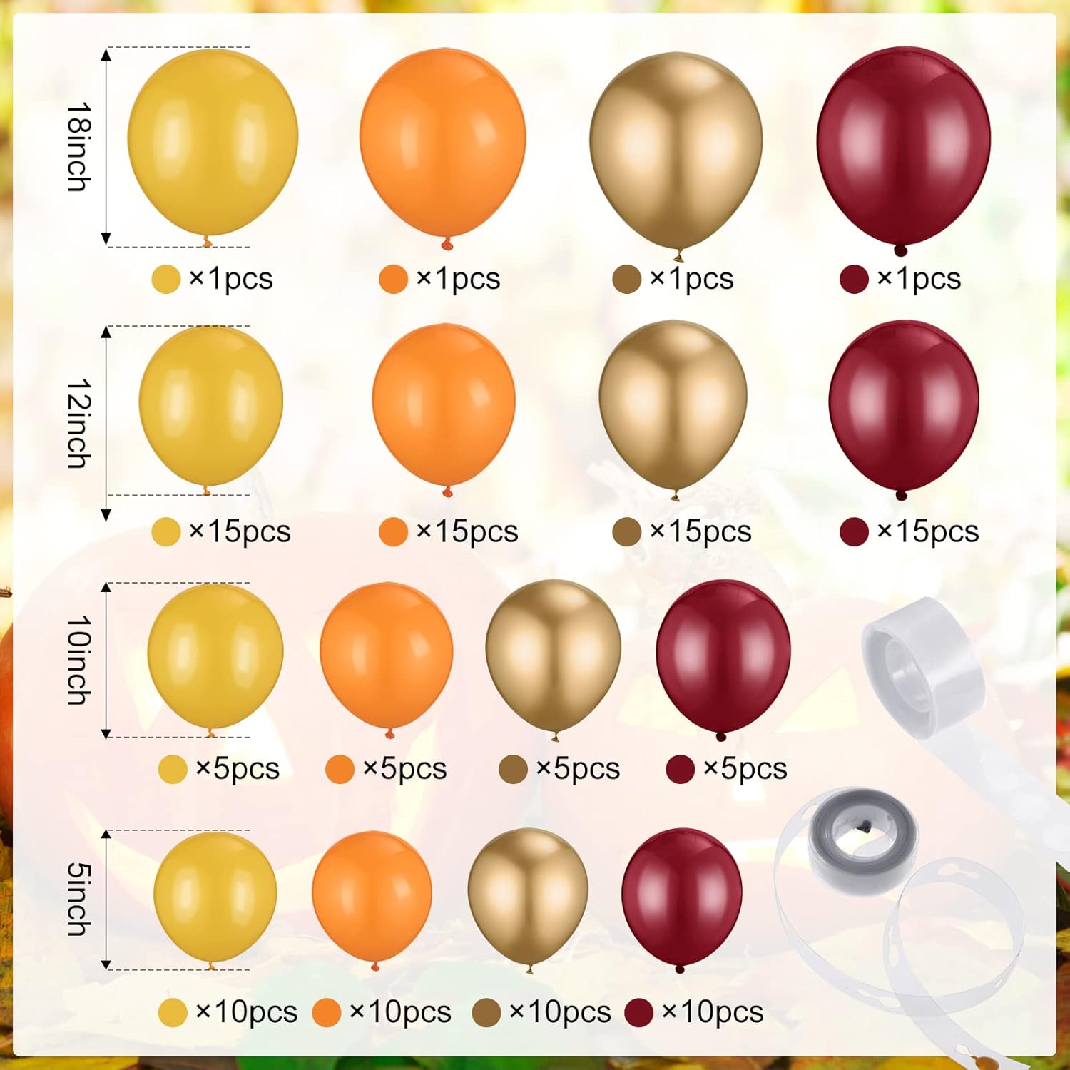 124 Pieces Fall Balloon Garland Kit Thanksgiving Orange Golden Balloons Autumn Garland Arch Kit, Fall Balloons Burgundy Orange Red Latex Balloons for Wedding Engagement Birthday Baby Shower Party - Image 2