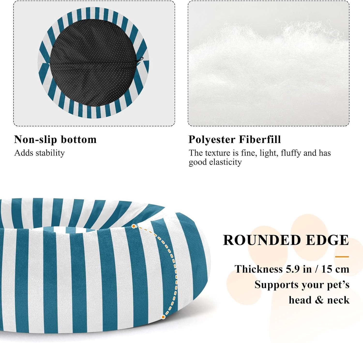 Dog Bed Ultra Soft Fluffy Comfortable Cat Bed, Navy Blue White Stripes Washable Dog Beds Anti-Slip Round Pet Beds for Medium Dogs