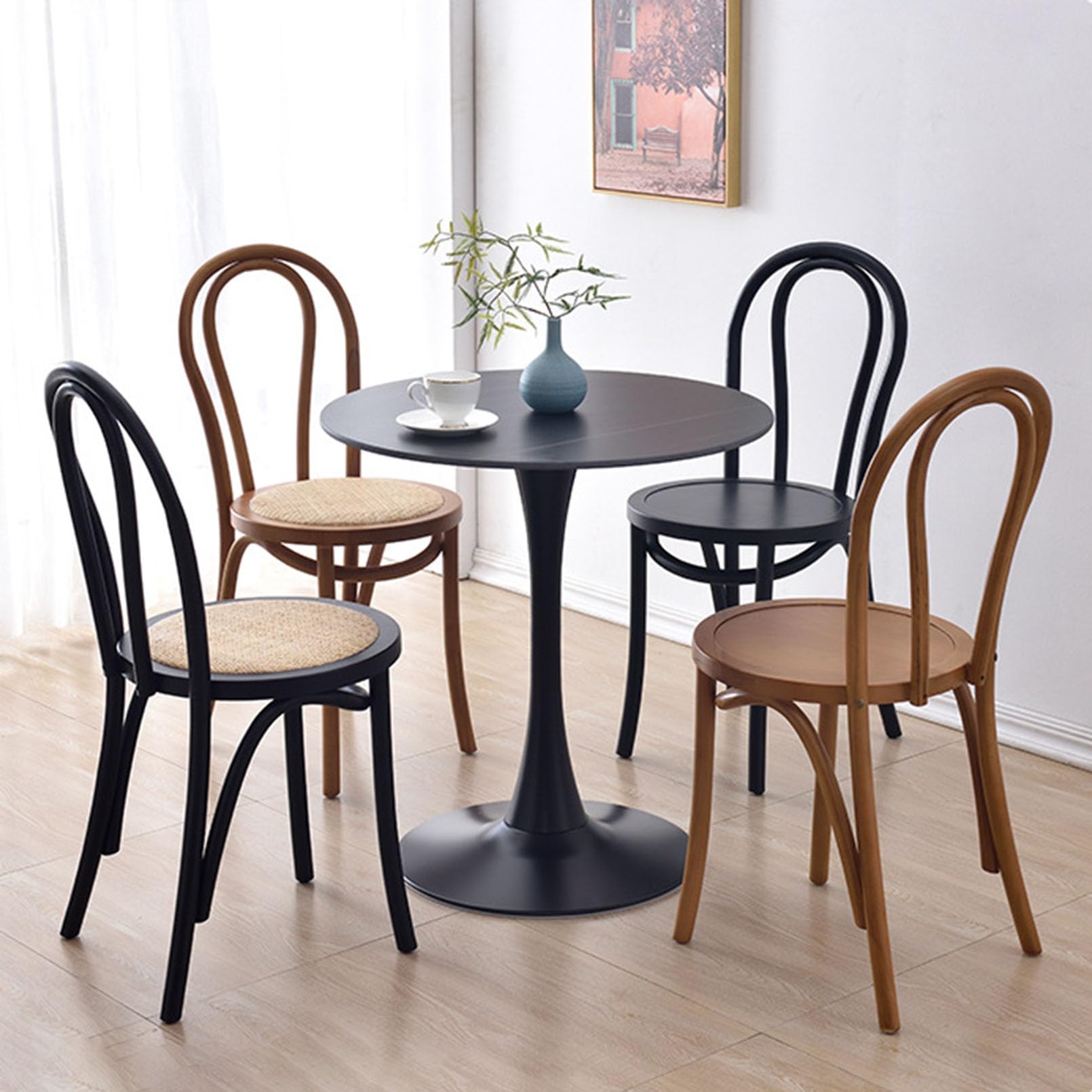 Nowoczesne krzesło do jadalni z połowy wieku - zakrzywione tapicerowane oparcie, lite drewno i rattanowy design do salonu, kuchni, sypialni, biura, hoteli, sklepu - stylowe i wygodne