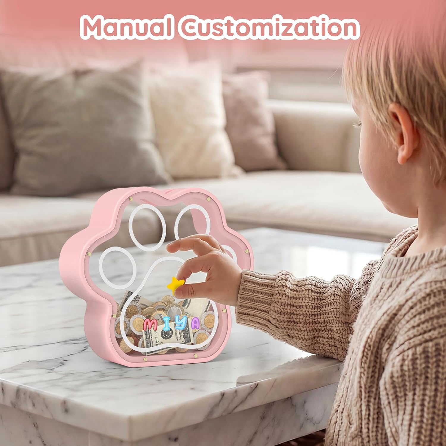 KMC Large Wooden Cat Caw Piggy Bank, Dog Paw Saving Money Box for Boy Clear Piggy Bank for Girl Large Initial Coin Bank Personalized Gift for Birthday and Festival(Pink)