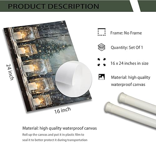 Miniatura 2 de Póster de pared vintage de Navidad, póster rústico de Navidad, imagen de invierno con velas en tarros de masón, arte de pared imprimible para