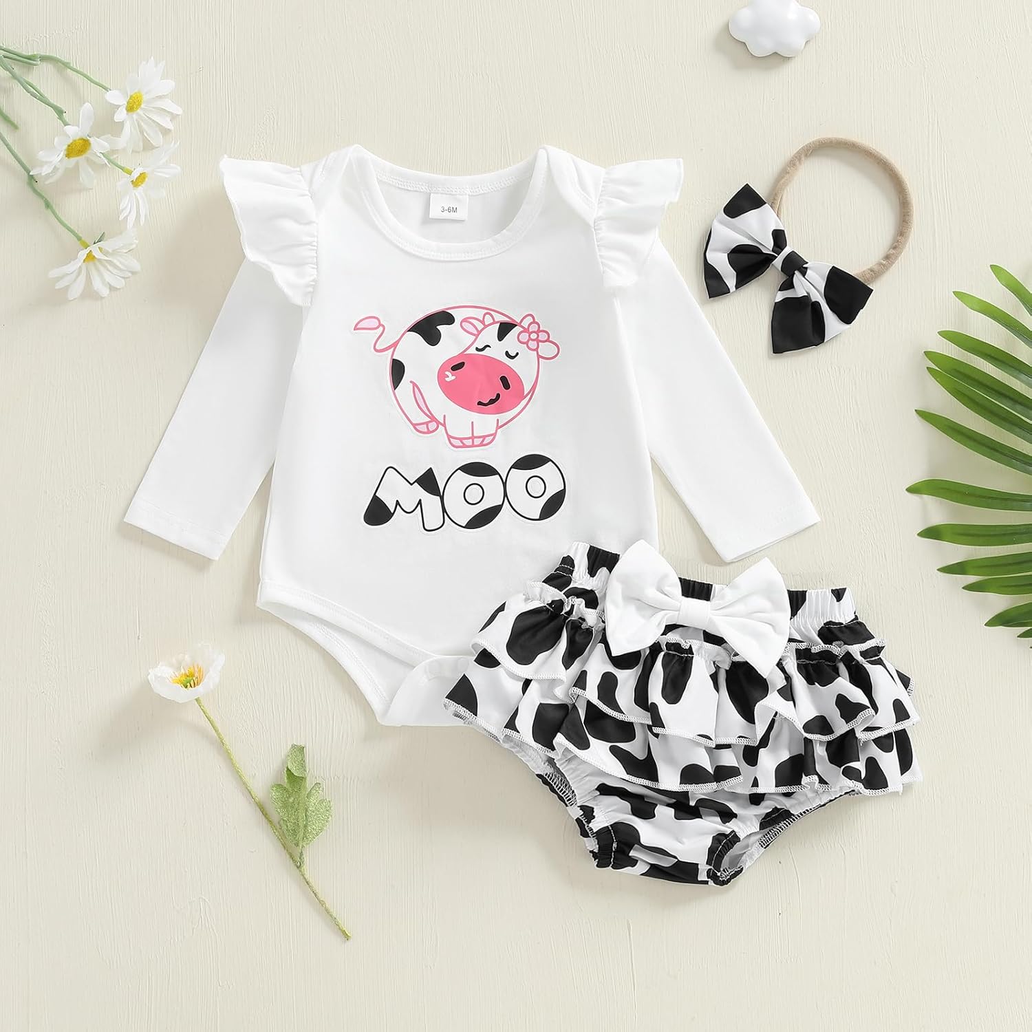 Emmababy Cow Print Baby Outfit Girl Ruffle Romper Long Sleeve Bodysuit Shorts Set Infant Cowgirl Outfit Western Baby Clothes - Image 3