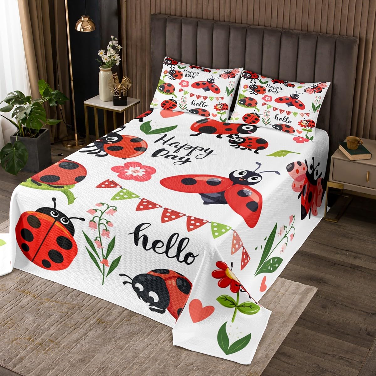 Erosebridal Cartoon Ladybug Queen Quilt Set for Kids Boys Girls Cute Insect Animal Coverlet Set, Pink Red Floral Flower Bedding Set Wild Ladybird Bedspread Set, Spring Garden Bed Quilt