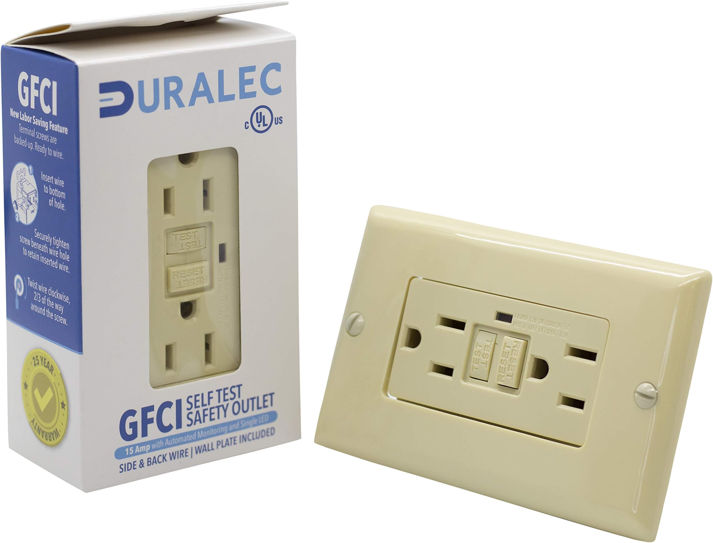 15A Automated Monitoring Single LED GFCI with Cover Plate, Ground Fault Circuit Interrupter for Plug, 15 AMP GFI Receptacle with Decora Cover Plate, UL/DLC Premium Listed, (201501-Ivory)