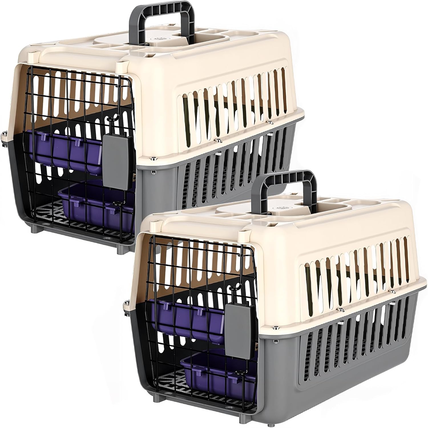 Hard Plastic Pet Carrier 2 Set Small Dogs and Cats Up to 13 lbs Hard-Sided Dog Kennel Cat Crate with Metal Door Security Lock Ventilation Bowl Grille Mat for Travel Camping Vet Car Airline
