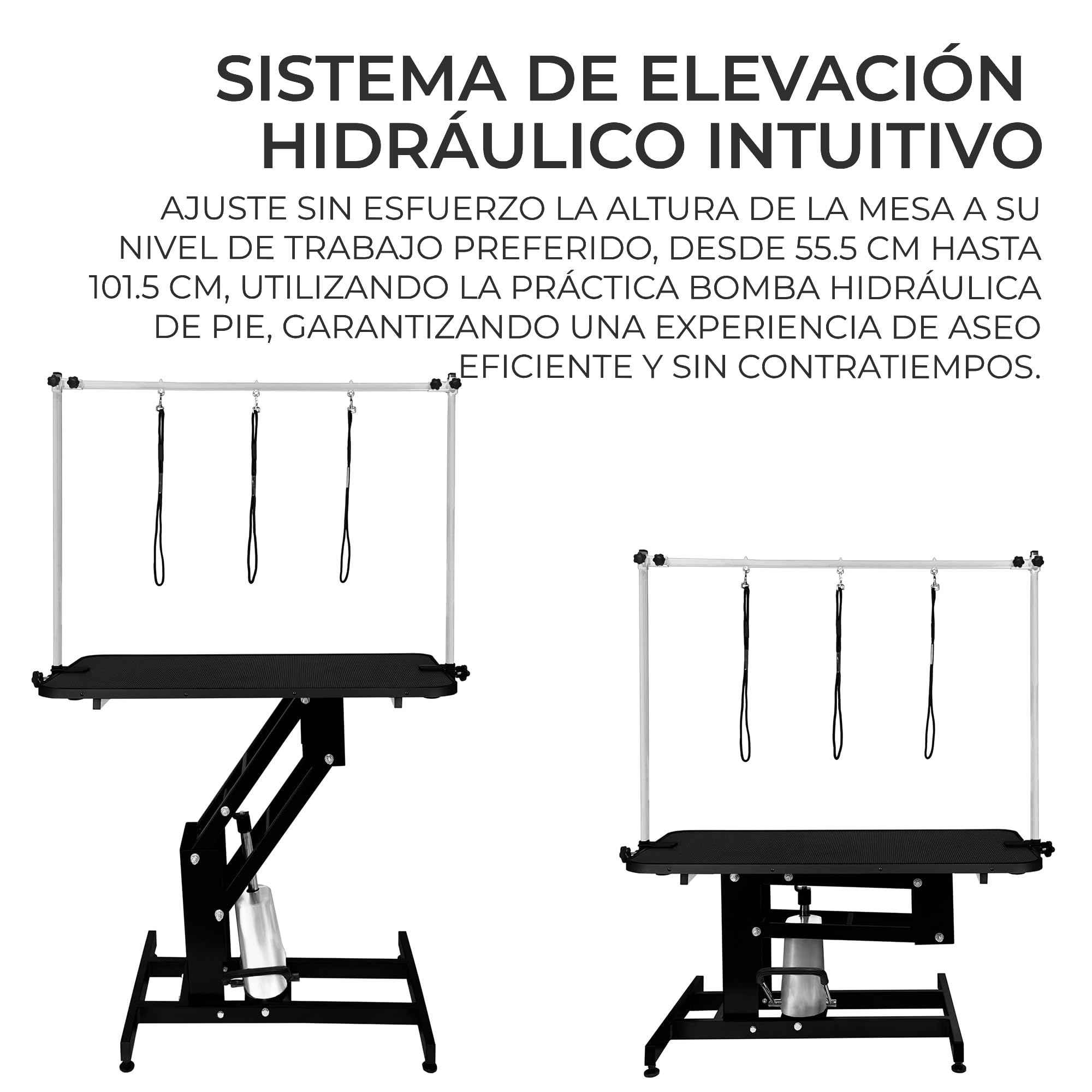 Mesa de Aseo Hidráulica Altura Ajustable Capacidad de 180kg Amplia Superficie de Goma 106cm x 61cm Resistente Estructura de Acero 4 Patas Estables Adaptables 3 Lazos para Sujeción [Negro]