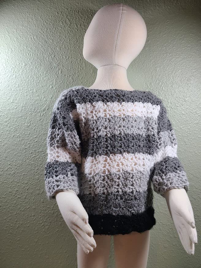 KSS Handmade Knitted Striped Soft Grey/Light Grey/White Pullover Sweater (6 Years) SW-11033