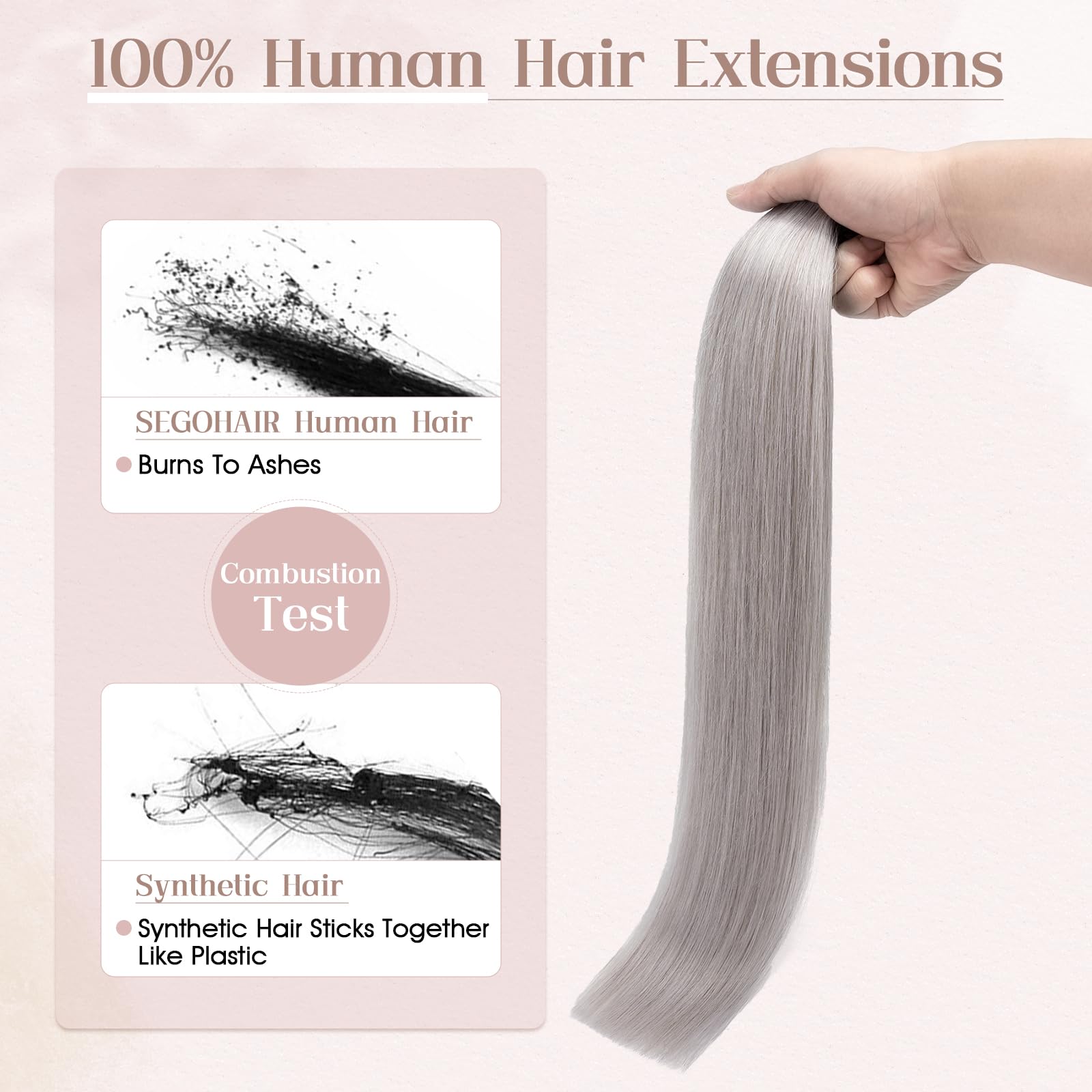 SEGOHAIR Tape in Hair Extensions Human Hair, 12" Invisible 10Pcs Real Hair Straight Natural Remy Tape Hair Extensions - Grey - Image 2