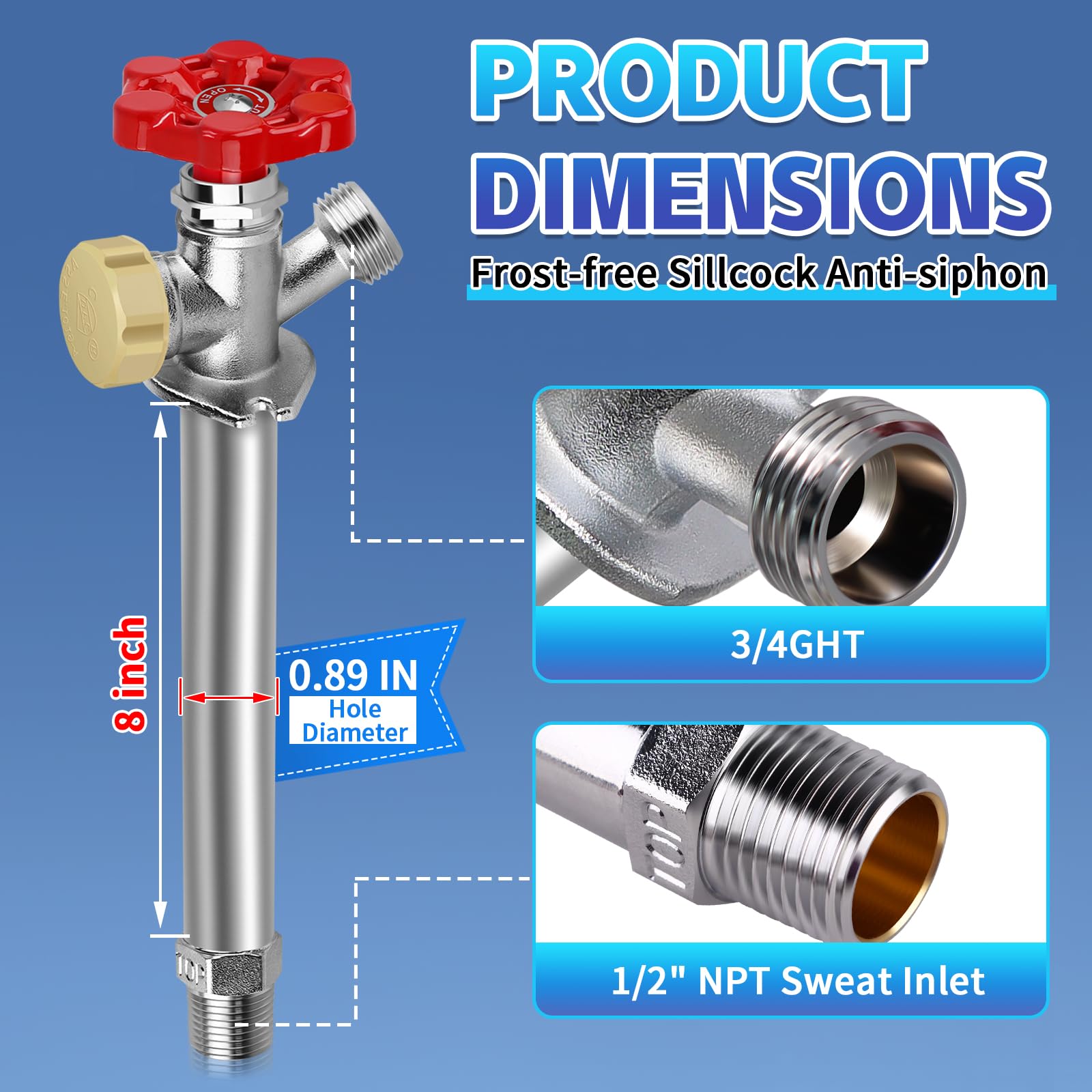 Boltigen 8inch Anti-Siphon Frost Free Sillcock Valve, No Lead Brass Freeze Proof Outdoor Water Faucet, 1/2