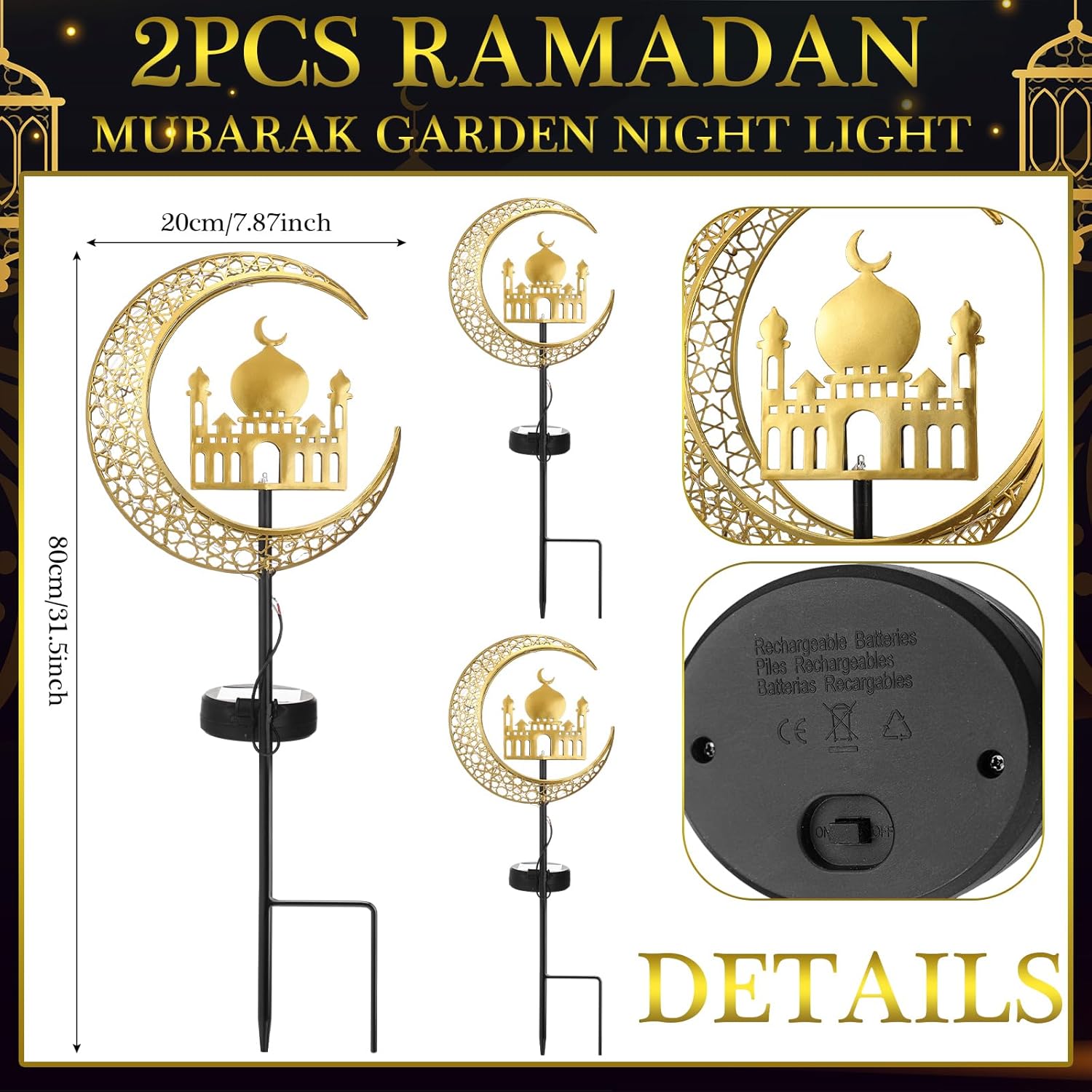 Tujoe 2 Pcs Eid Mubarak Solar Lights Eid Al Adha Outdoor Decorations Mubarak Star Moon Lights Solar Stakes Waterproof for Outdoor Decorations Garden Walkway Lawn Patio Yard(Muslim)