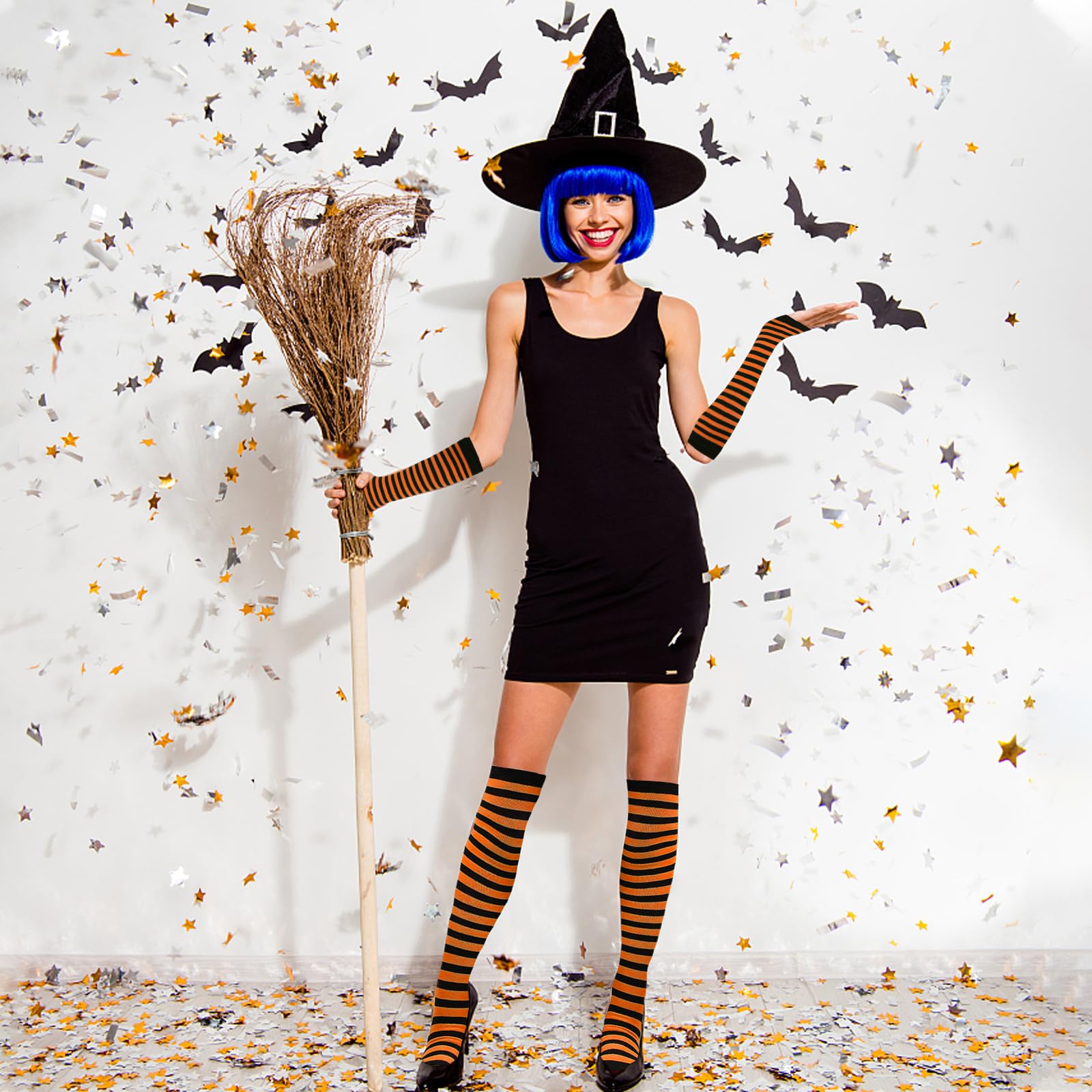 Ibeauti 8 Pcs Womens Striped Knee High Socks Stockings Y2K Goth Knitted Long Arm Warmer Fingerless Gloves Set: 4-green/Hot Pink/Orange/Purple