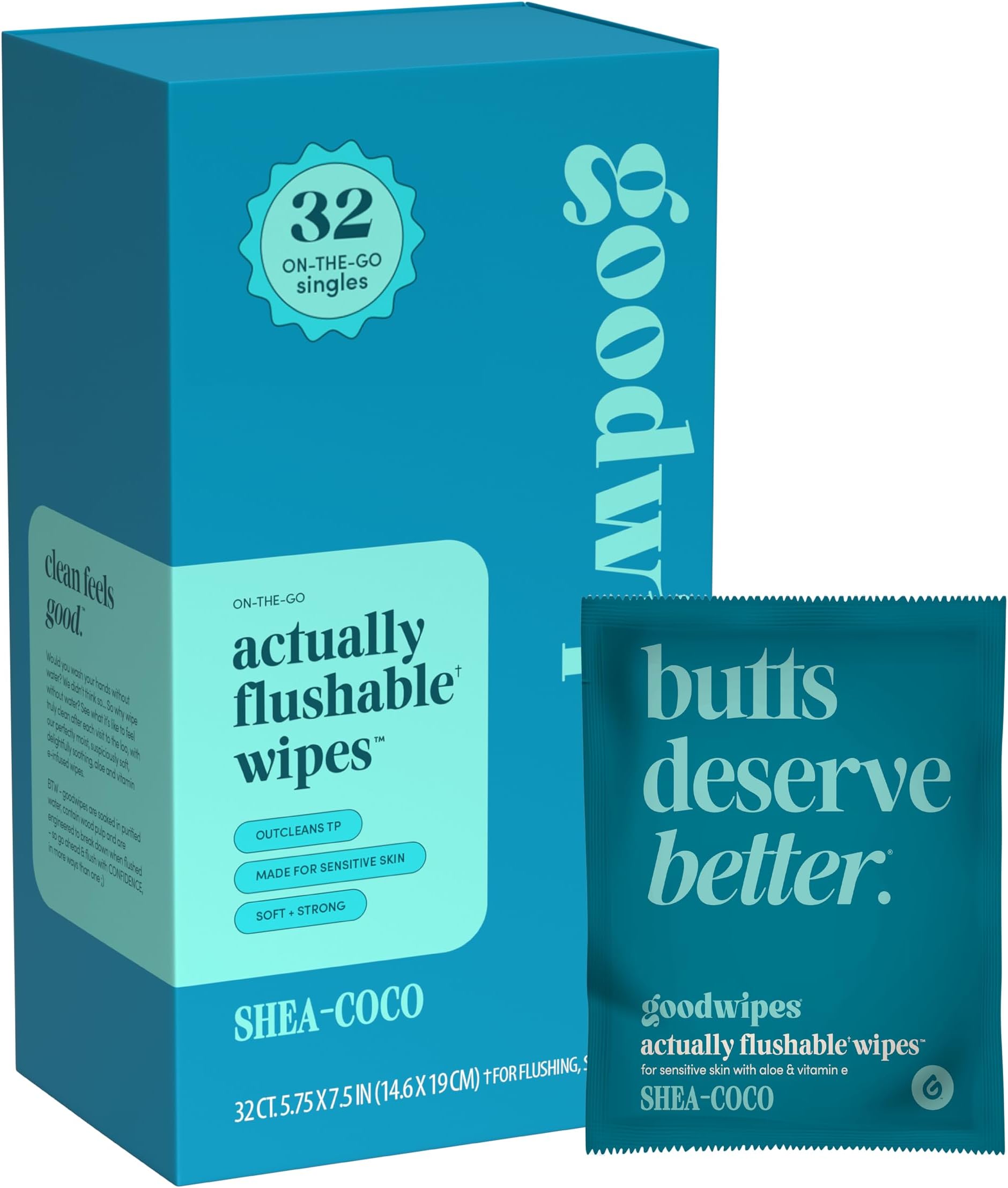 Flushable Wipes - Individually Wrapped Butt Wipe for On-the-Go Adults - Portable Mini Wipes - Travel Essentials - Sewer & Septic Safe - Shea-Coco, 32 Count (1 Pack)