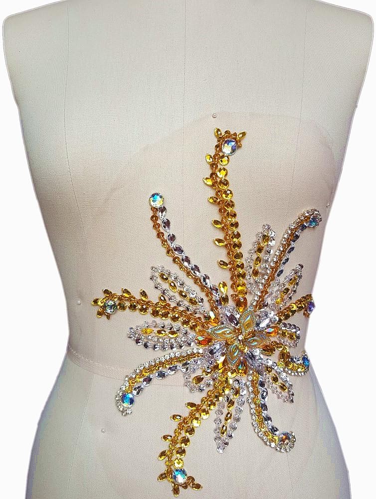 Pure Handmade Unique Patches Sew-on Rhinestone Applique Designs with Stones Sequins Beads DIY for Wedding Dress Bridal Sash 24x30cm (red) (Yellow)