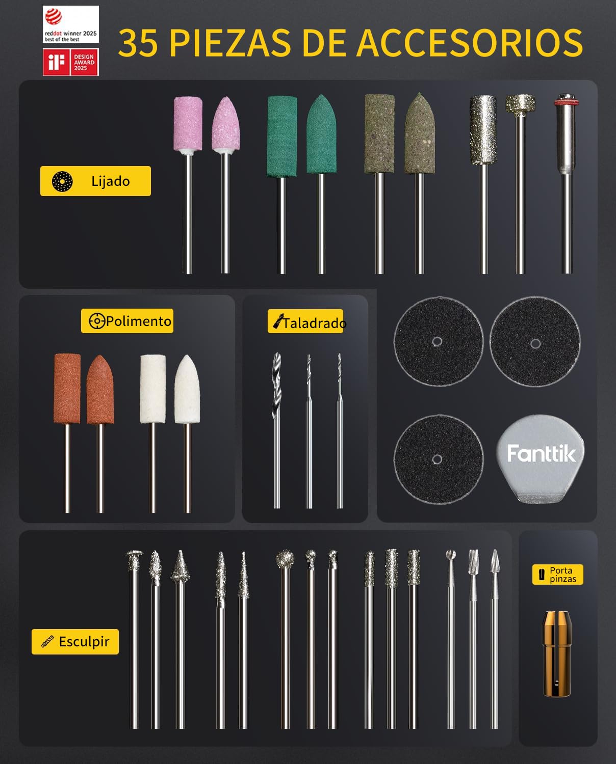 Kit Herramienta Rotativa Inalámbrica Fanttik F2 Master Mini, Motor NeoPulse, 5 Velocidades, 25.000 RPM, 35 Accesorios Con Base Revostor, Grabador, Lijado 3D, Pulido, Perforación y DIY