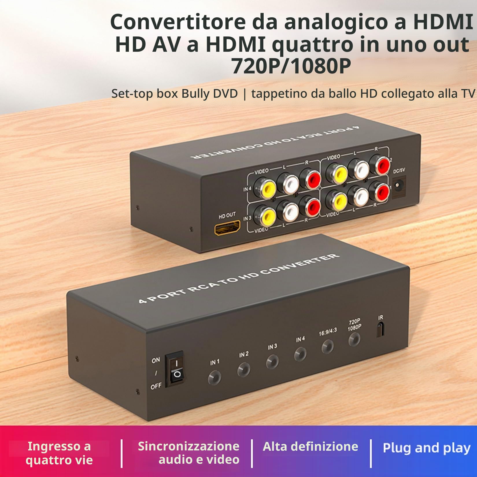 Convertitore da RCA a HDMI 4 AV (rosso, giallo bianco) in adattatore HDMI out, adattatore audio video composito RCA a HDMI1080P/720P, con telecomando e alimentazione, per Wii/TV/PC/PS3/STB/Xbox VHS