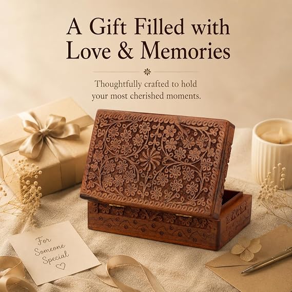 Ajuny Wooden Jewelry Box Floral Decorative Keepsake Treasure Chest 8x5 Inch | Handcrafted Multipurpose Storage Organizer for Rings Necklaces Bracelets Watches Trinkets Men Women Dresser Vanity Gift Idea.