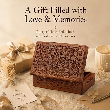 Ajuny Wooden Jewelry Box Floral Decorative Keepsake Treasure Chest 8x5 Inch | Handcrafted Multipurpose Storage Organizer for Rings Necklaces Bracelets Watches Trinkets Men Women Dresser Vanity Gift Idea.